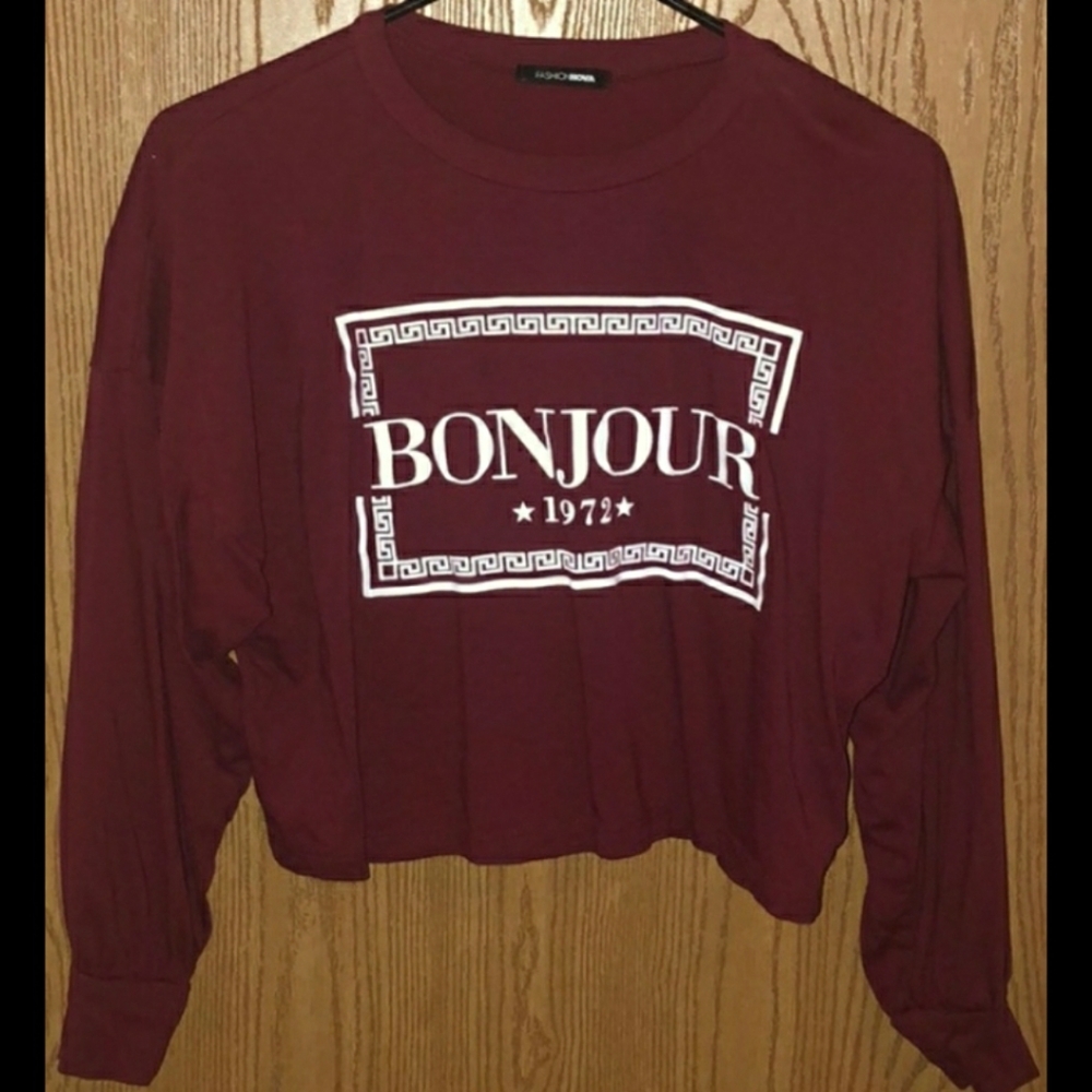 Fashion Nova Burgundy Cropped L/S Graphic Shirt - Picture 2 of 3